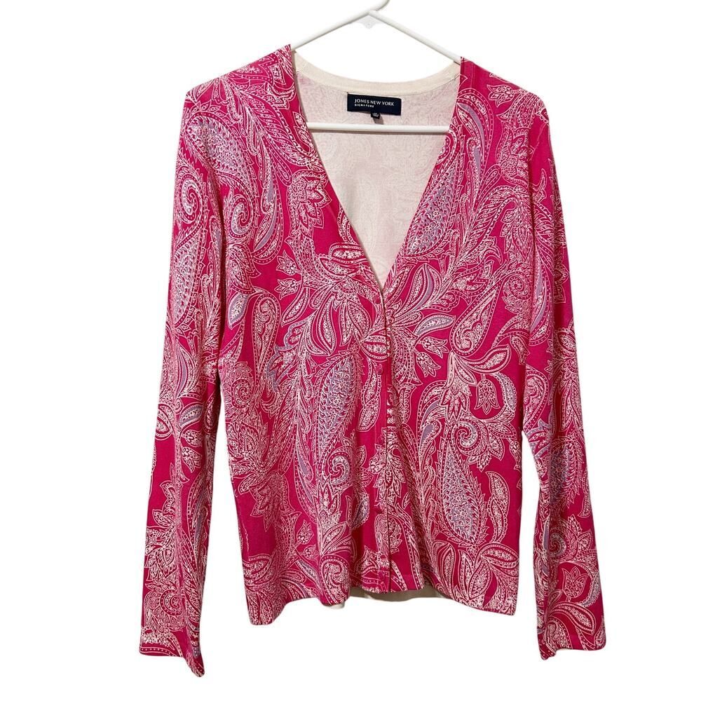 Jones New York Paisley Silk Blend Cardigan Pink Purple Knit Womens Medium